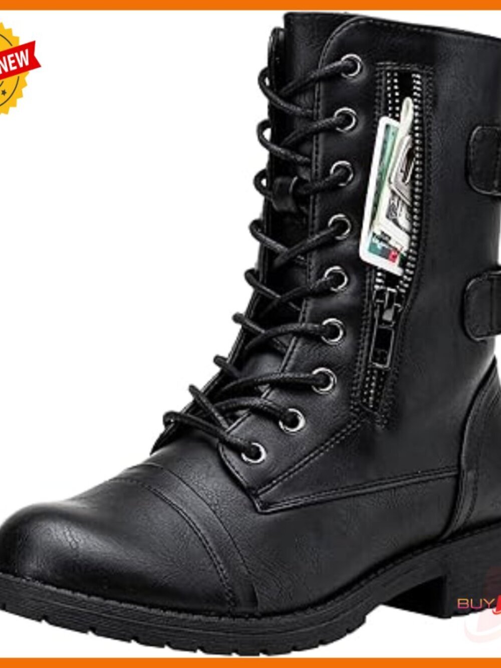 Mid Calf Combat Boots with Wallet Pocket, Low Heel, Lace Up